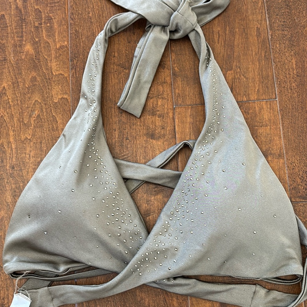 New no tag Bellissima Gray Halter Bikini Top with Swarovski Chrystal.